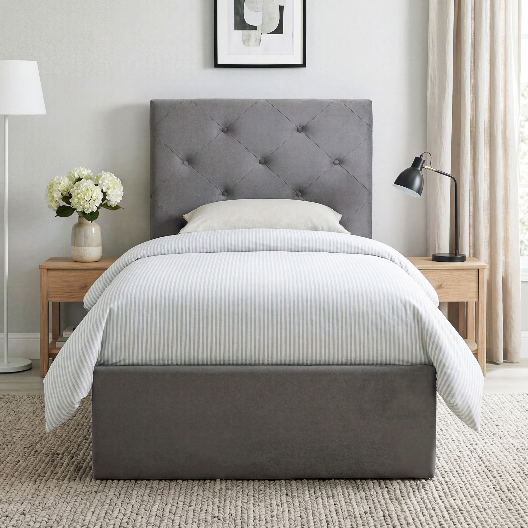 HOMCOM Single Bed Frame Gas Side Lift Under Bed Storage Upholstered Platform Bed Tufted Headboard for 90 x 190 cm Mattress 