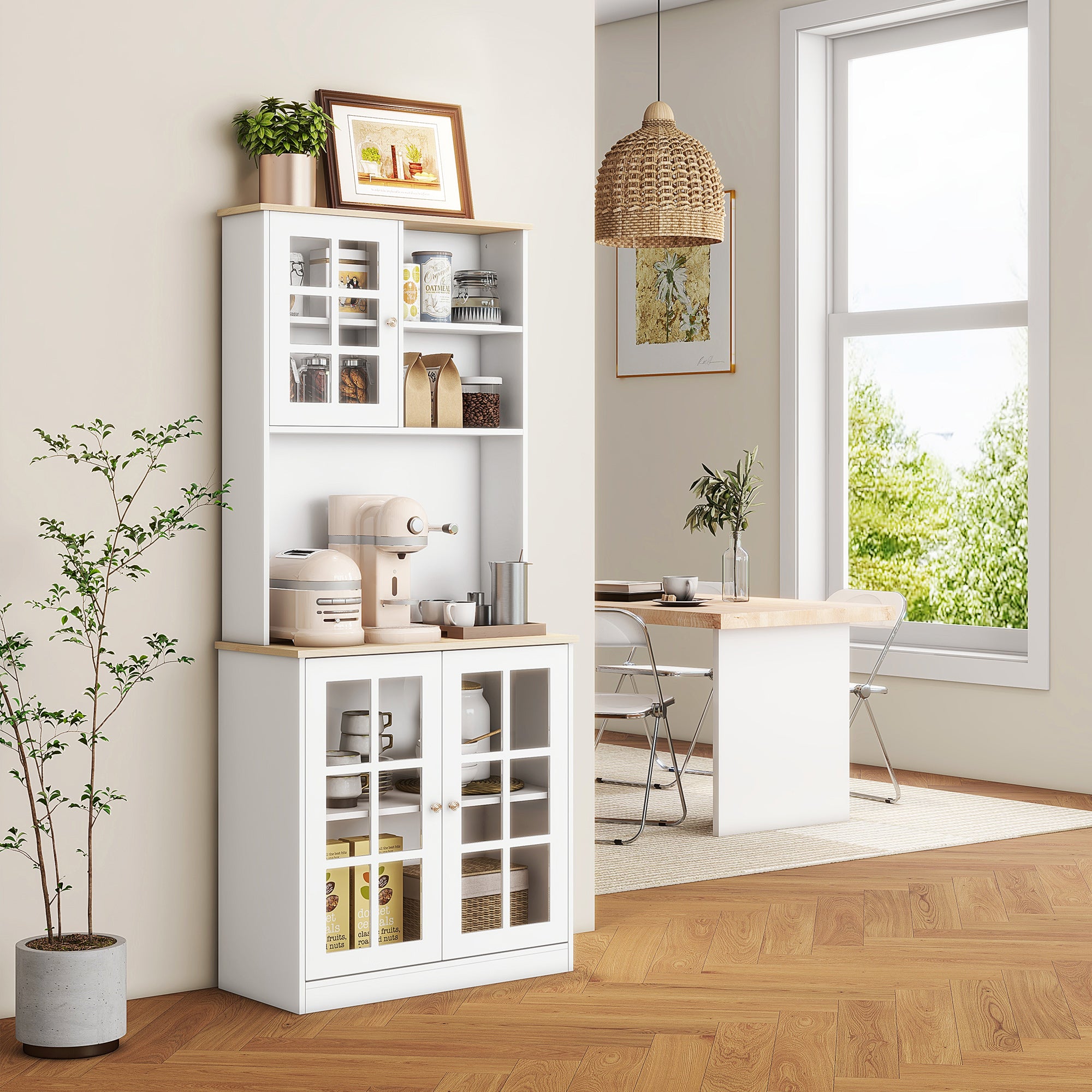 HOMCOM Freestanding Kitchen Cupboard, Storage Cabinet with Doors and Adjustable Shelves, Counter Top, Grid Glass Doors, 80L x 37W x 183H cm - White 