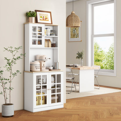 HOMCOM Freestanding Kitchen Cupboard, Storage Cabinet with Doors and Adjustable Shelves, Counter Top, Grid Glass Doors, 80L x 37W x 183H cm - White 