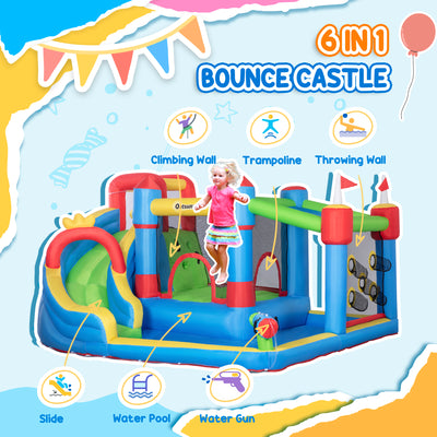 Outsunny Kids Inflatable Bouncy Castle Water Slide 6 in 1 Bounce House Jumping Castle Water Gun Climbing Wall with Air Blower for Age 3-8, 3.9 x 3 x 2m 