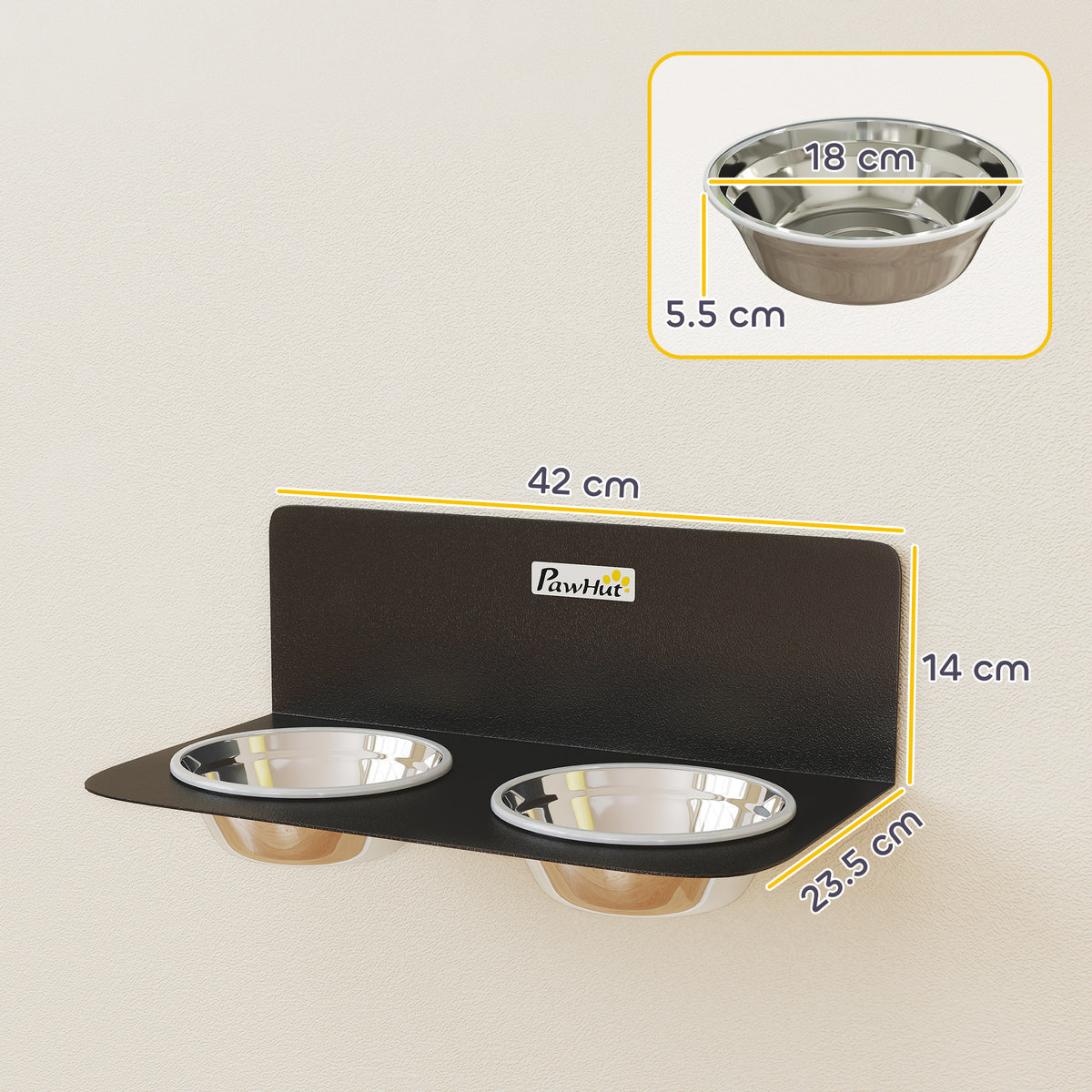 PawHut Wall Mount Dog Bowls, Adjustable Height Raised Dog Feeding Station with 2 Stainless Steel Bowls, 10kg Capacity, Black