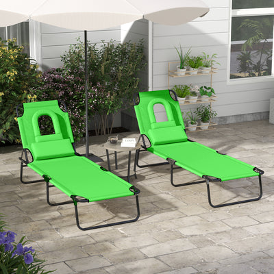 Outsunny Outdoor Foldable Sun Lounger Set of 2, 4 Level Adjustable Backrest Reclining Sun Lounger Chair with Pillow and Reading Hole, Green 