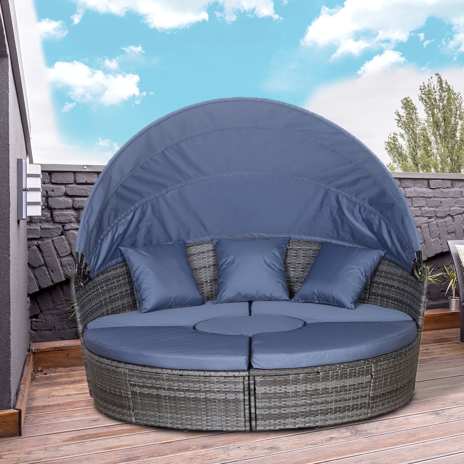 Outsunny PE Rattan Lounge Set, 5 Pieces Patio Conversation Furniture Set, Garden Round Sofa Bed with Cushion and Retractable Canopy, Grey 
