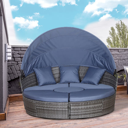 Outsunny PE Rattan Lounge Set, 5 Pieces Patio Conversation Furniture Set, Garden Round Sofa Bed with Cushion and Retractable Canopy, Grey 