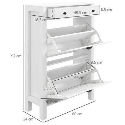 HOMCOM Narrow Shoe Cabinet with 2 Flip Drawers and Adjustable Shelves, White