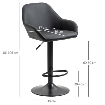 HOMCOM Bar Stools Set of 2, Height Adjustable Swivel Barstools, PU Leather Kitchen Stools with Backs, Armrests and Footrest for Home, Counter and Dining Room, Black 