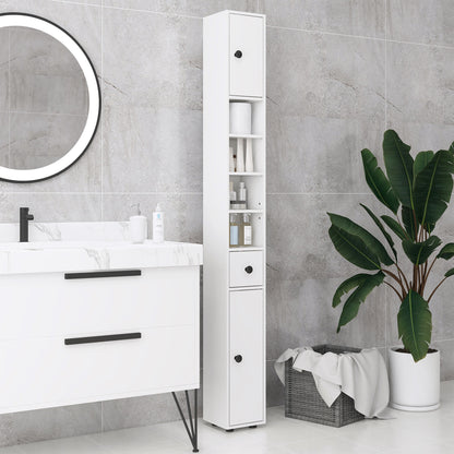 kleankin 180cm Tall Bathroom Cabinet, Slim Bathroom Storage Cabinet with 4 Open Shelves, 2 Door Cupboards and Adjustable Shelves, White 