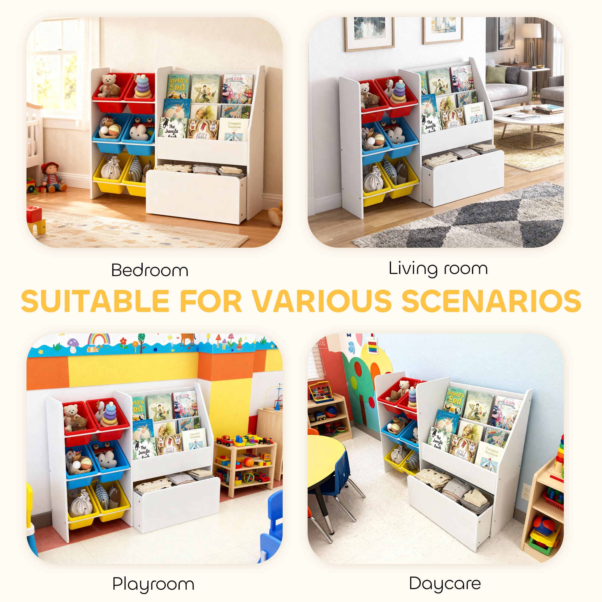 AIYAPLAY Toy Storage Unit, 3-Tier Toy Organiser Shelf with 6 Removable Storage Bins for Bedroom, Nursery, Multicoloured 