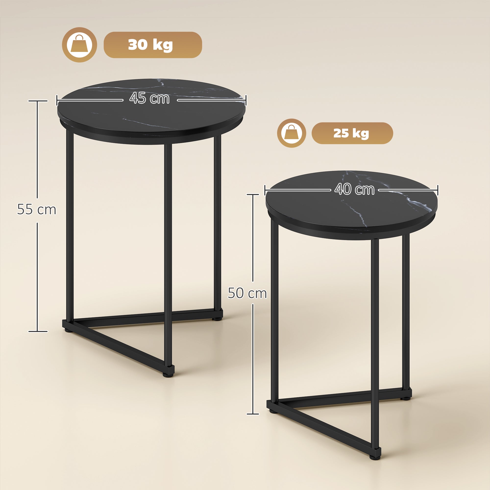 HOMCOM Set of Two Marble-Effect Nest of Tables - Black Marble Effect 