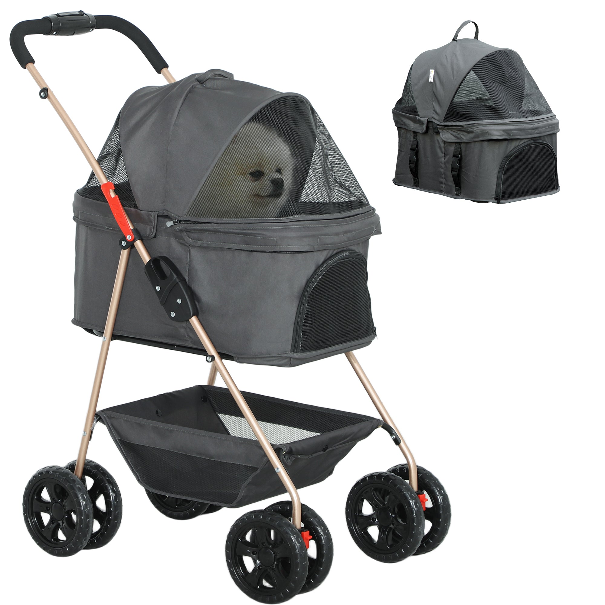 PawHut 3 in 1 Pet Stroller, Folding 4 Wheels Dog Pram with Detachable Carrier for Mini Dogs Cats, Grey 