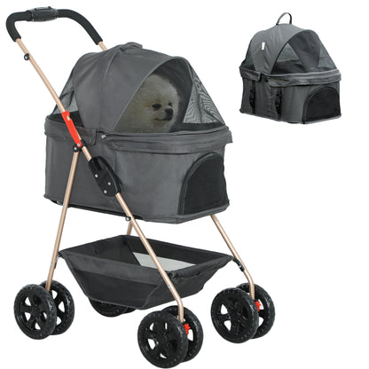 PawHut 3 in 1 Pet Stroller, Folding 4 Wheels Dog Pram with Detachable Carrier for Mini Dogs Cats, Grey 