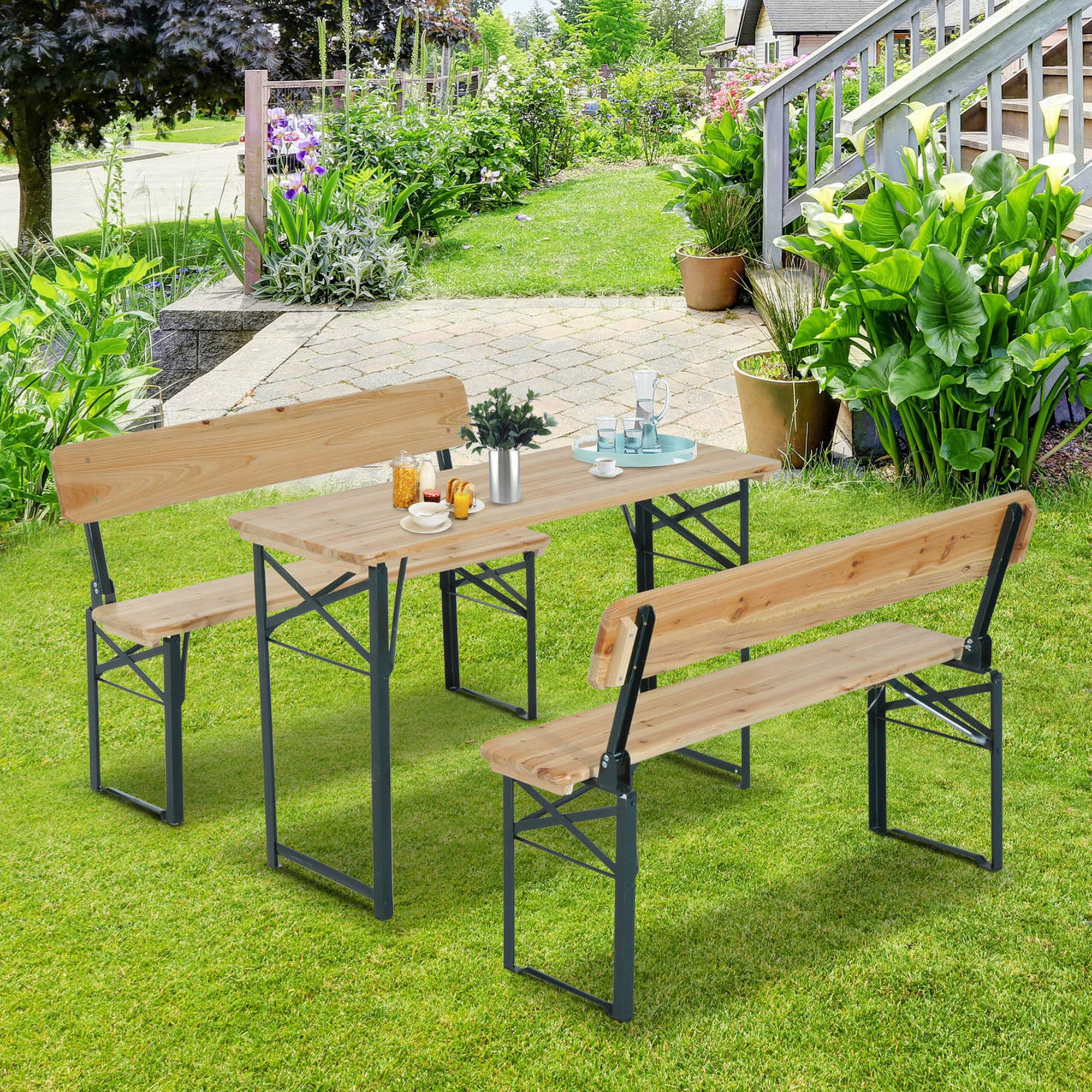 Outsunny Portable Folding Camping Picnic Trestle Beer Table and 2 Bench Set Wooden Garden Furniture Patio Dining Party BBQ Chairs Stools 