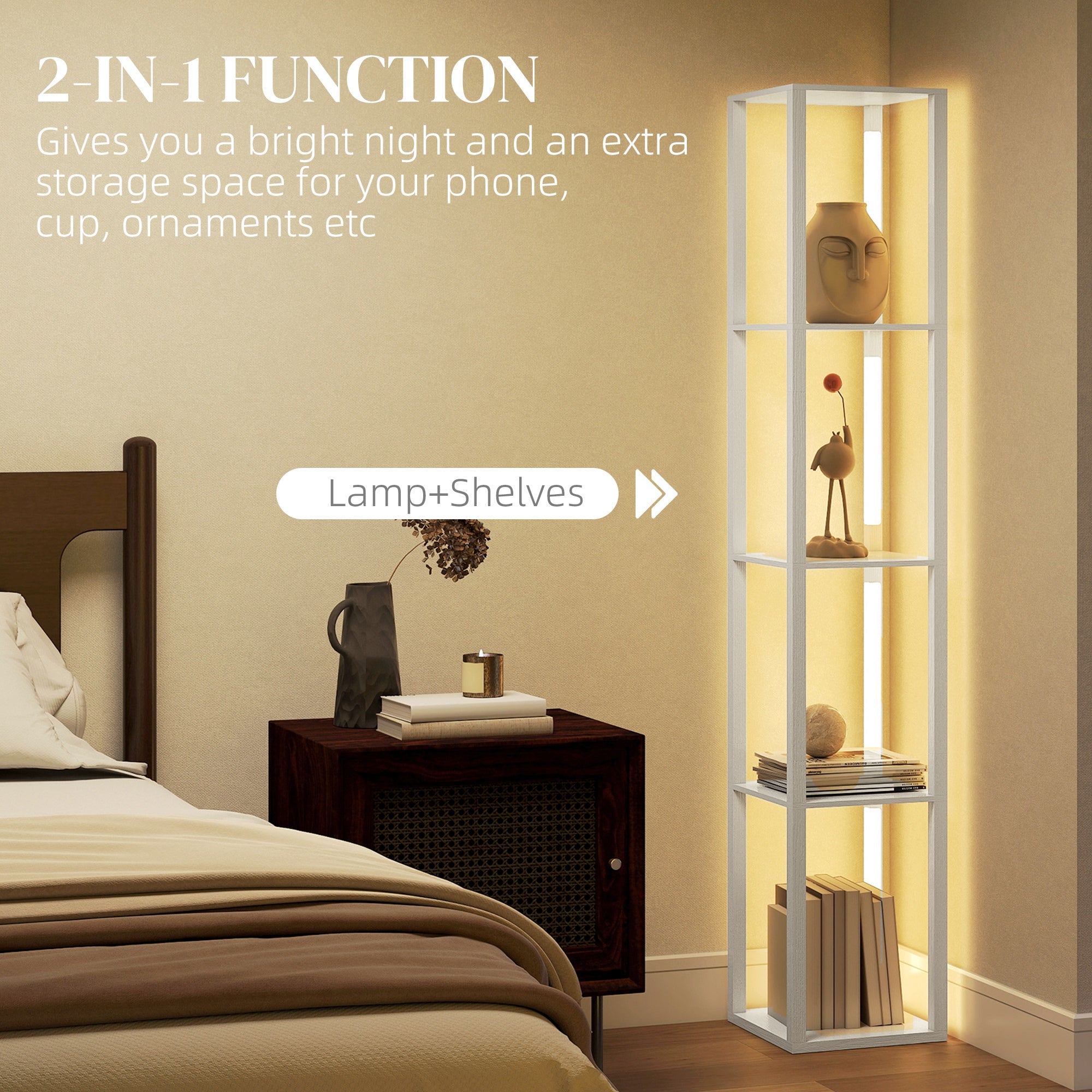 HOMCOM Floor Lamp with Shelves and 3 Brightness Levels - White 