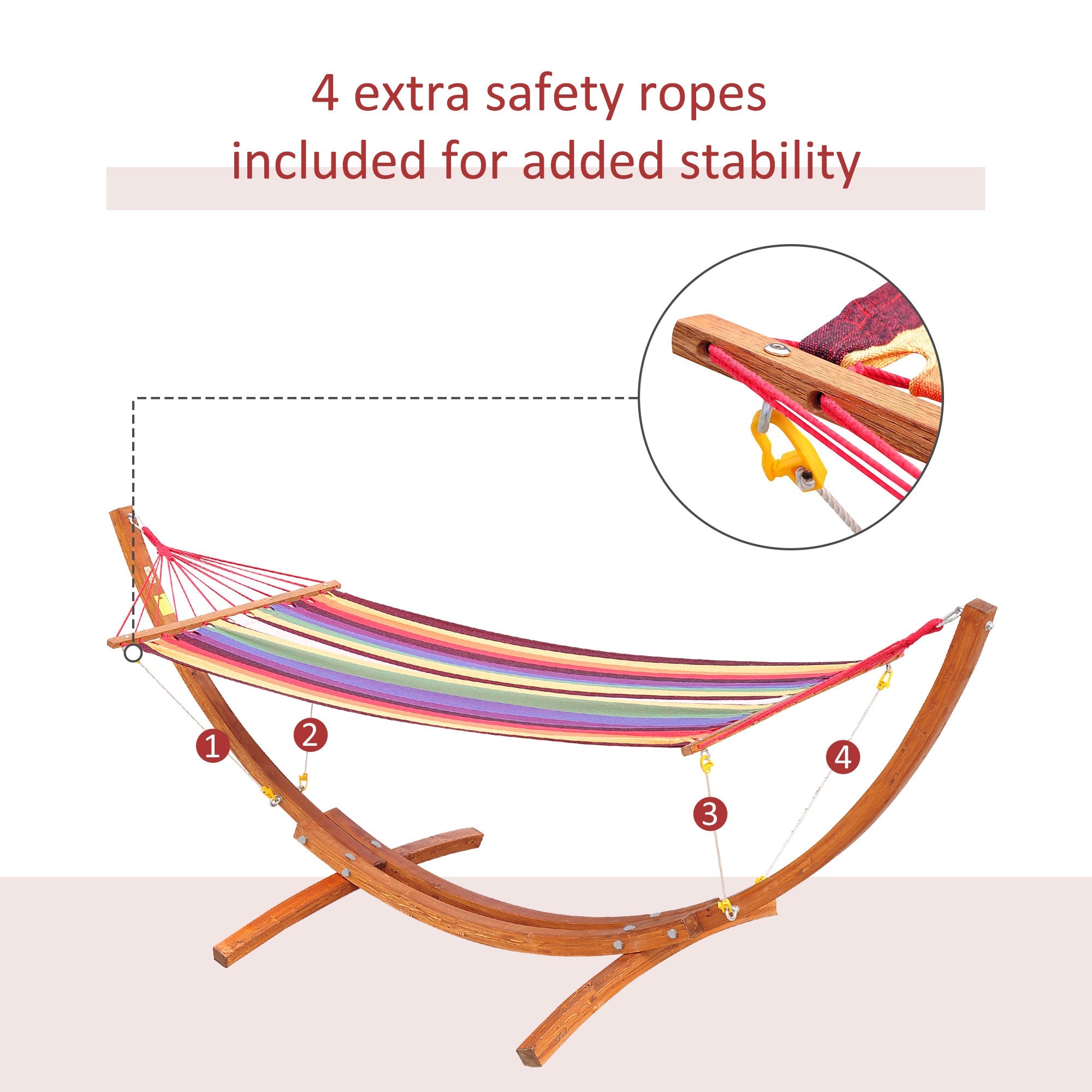Outsunny Outdoor Hammock with Stand, Free Standing Hammock with Arc Wooden Frame and 200 x 100cm Fabric, Garden Swing Hanging Bed with Safe Ropes, Multicolour 