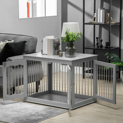 PawHut Dog Crate End Table Furniture Style Dog Cage w/ Three Doors, Locks and Latches - Grey 