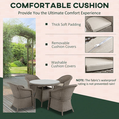 Outsunny 4 Seater Rattan Garden Furniture Set with Cushions, Round PE Rattan Dining Set with Glass-Top Table, Umbrella Hole, Outdoor Garden Table and Chairs, Mixed Grey 
