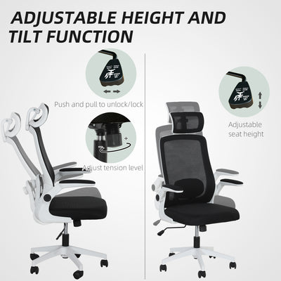 HOMCOM Executive Office Chair, Ergonomic Mesh High Back Desk Chair with Flip-up Armrest, Adjustable Lumbar Support, Rotatable Headrest, Black 