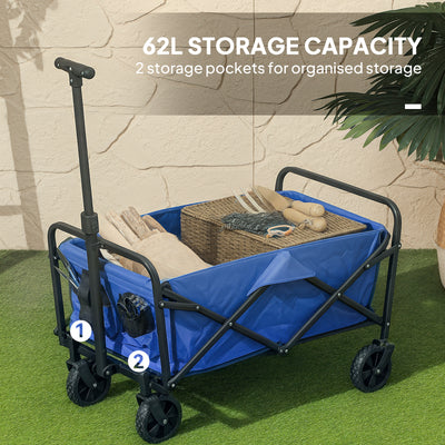 Outsunny 62L Festival Trolley on Wheels, Garden Folding Trolley Cart, 120kg Heavy Duty Collapsible Folding Wagon with Adjustable Handle and Carrying Bag for Beach, Camping, Festival, Blue 