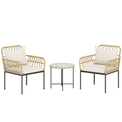 Outsunny 3 Piece Rattan Bistro Set, Wicker Garden Furniture Set with Cushions, Glass Top Coffee Table and Chairs for Outdoor, Patio, Balcony, Beige 