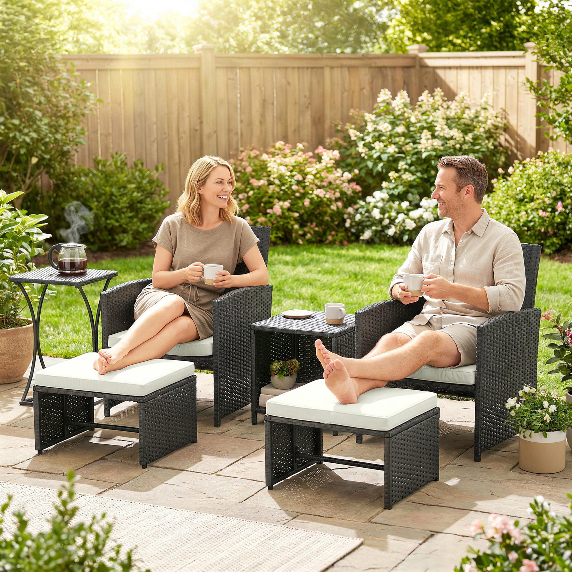 Outsunny 6 Piece Rattan Garden Furniture, Space-Saving Patio Furniture Set with Nesting Tables, Chairs, Stools, Cushions, Black 