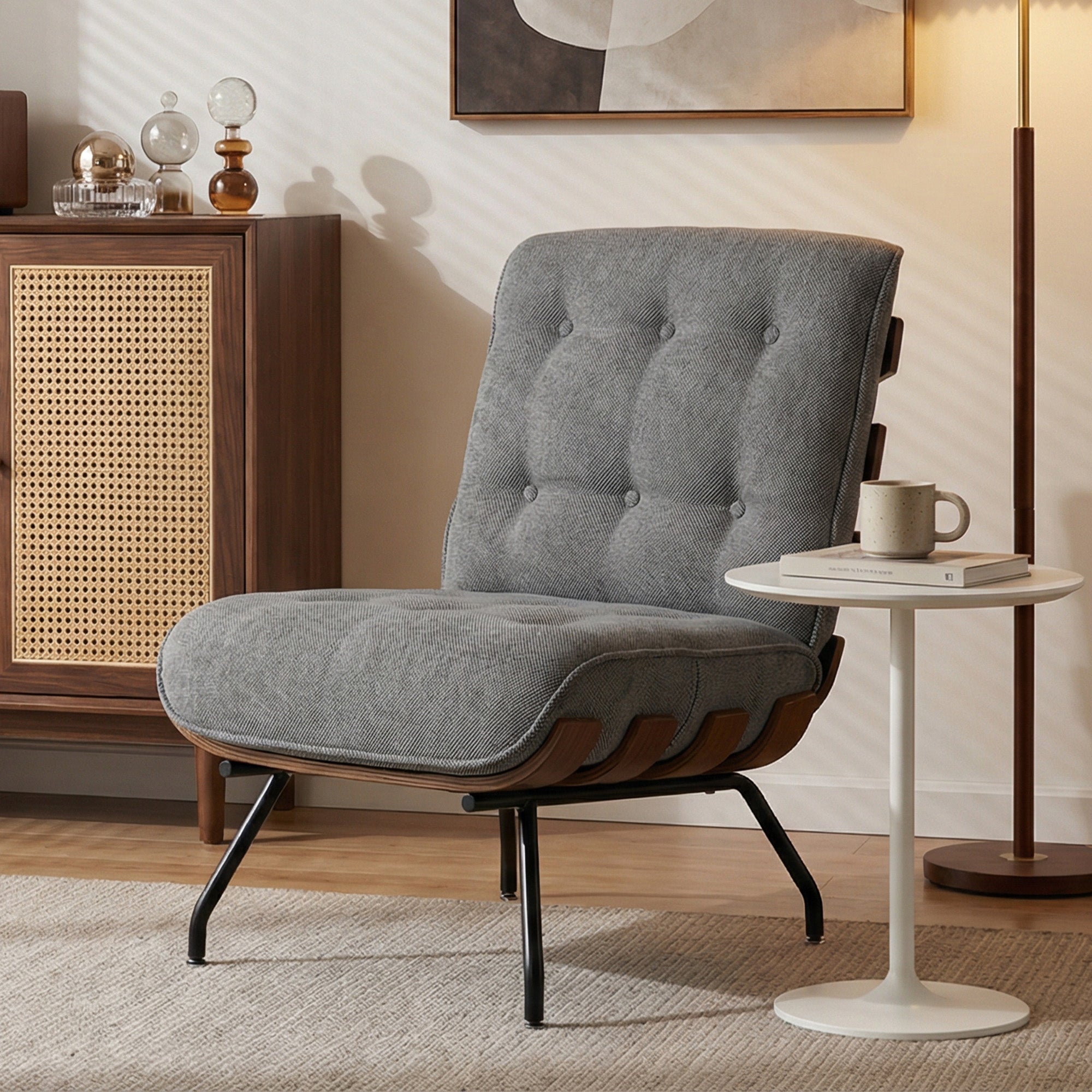 HOMCOM Accent Chair, Linen-look Fabric Reading Chair with Spring Cushion, Slatted Support, Steel Frame, Dark Grey 