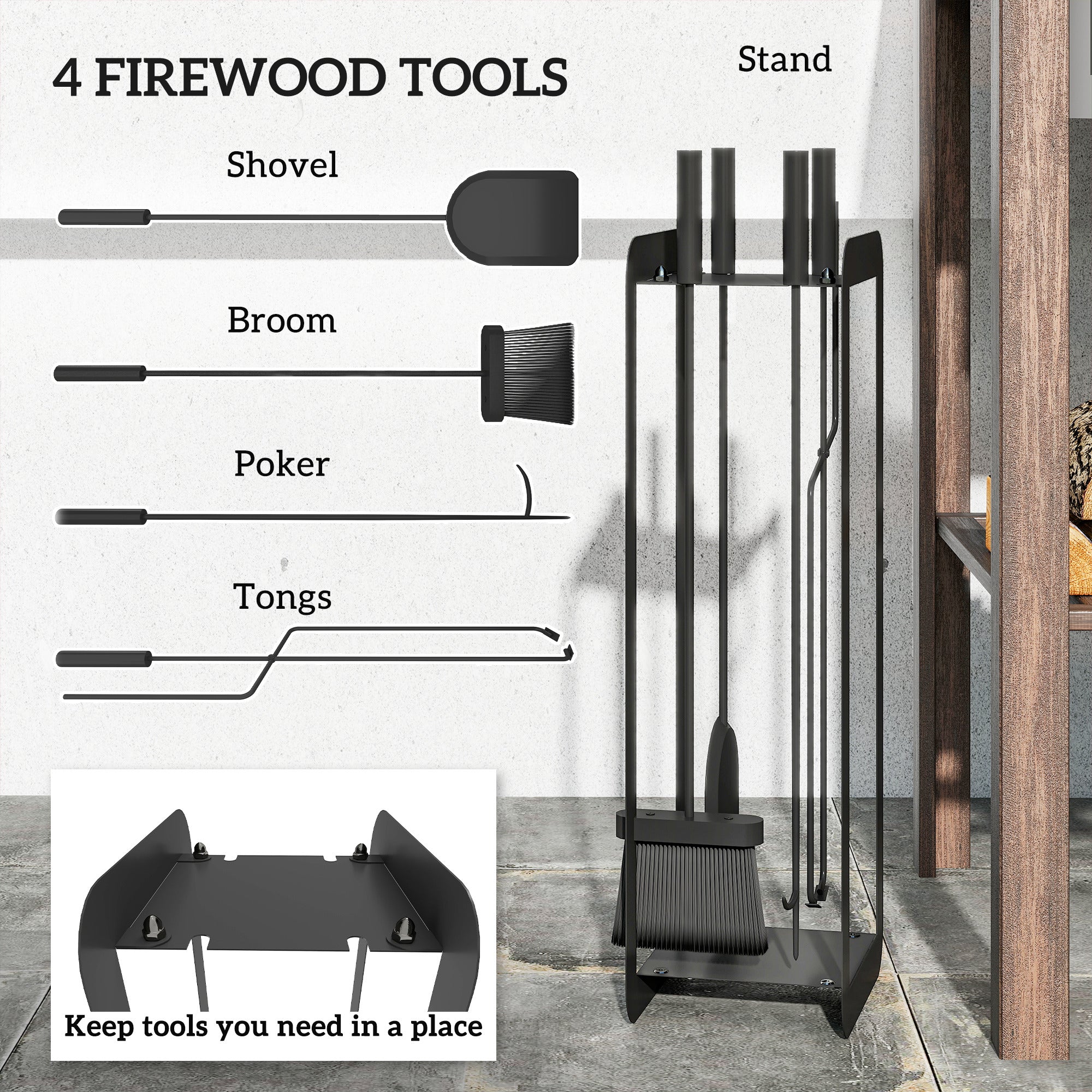 Outsunny 5 Pieces Fireplace Companion Set, Metal Fireplace Accessories Fireside Companion Set with Brush, Shovel, Poker, A Pair of Tongs, Stand, Black 