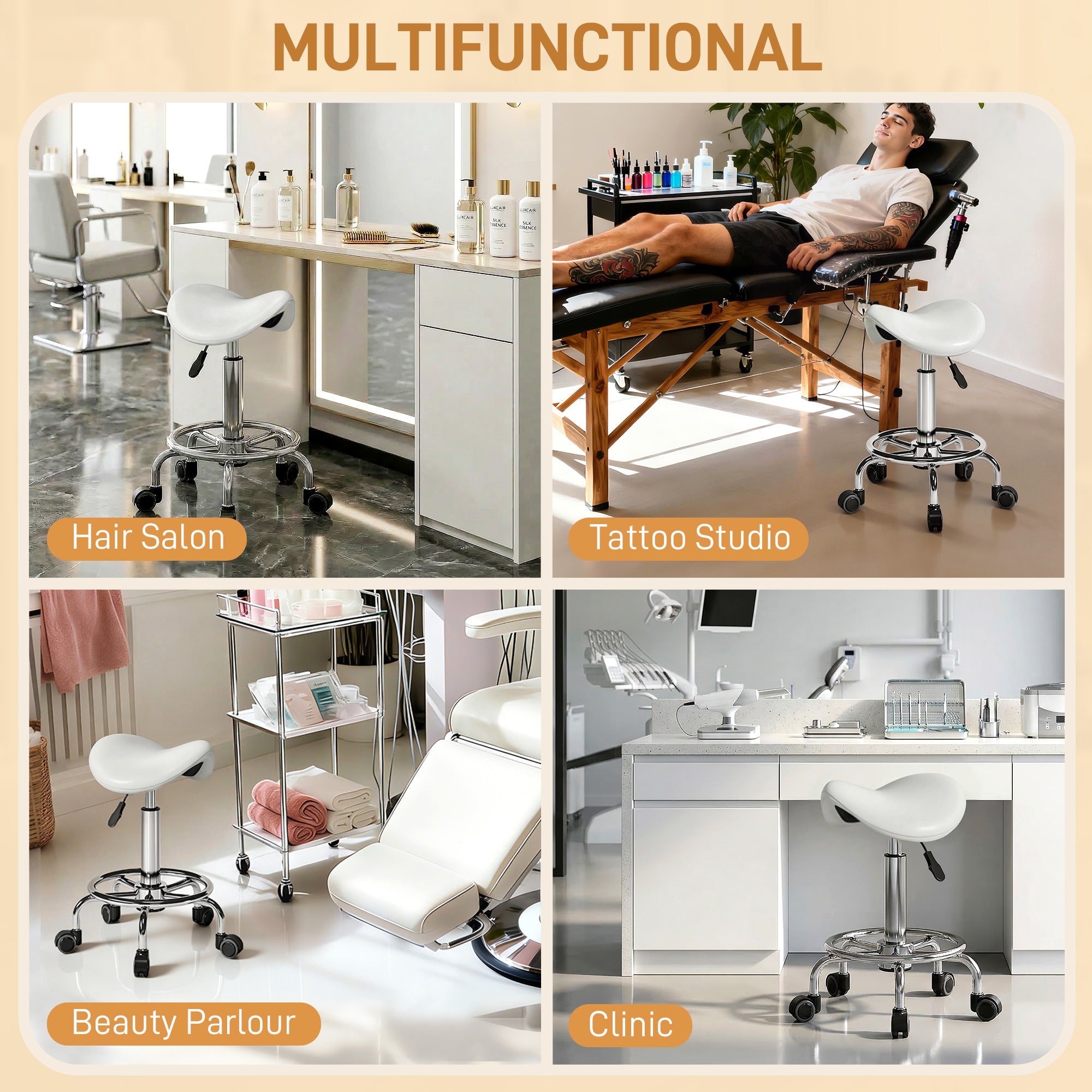 HOMCOM Salon Saddle Stool, Rolling Saddle Chair for Massage, Spa, Clinic, Beauty, Hairdressing and Tattoo, White 