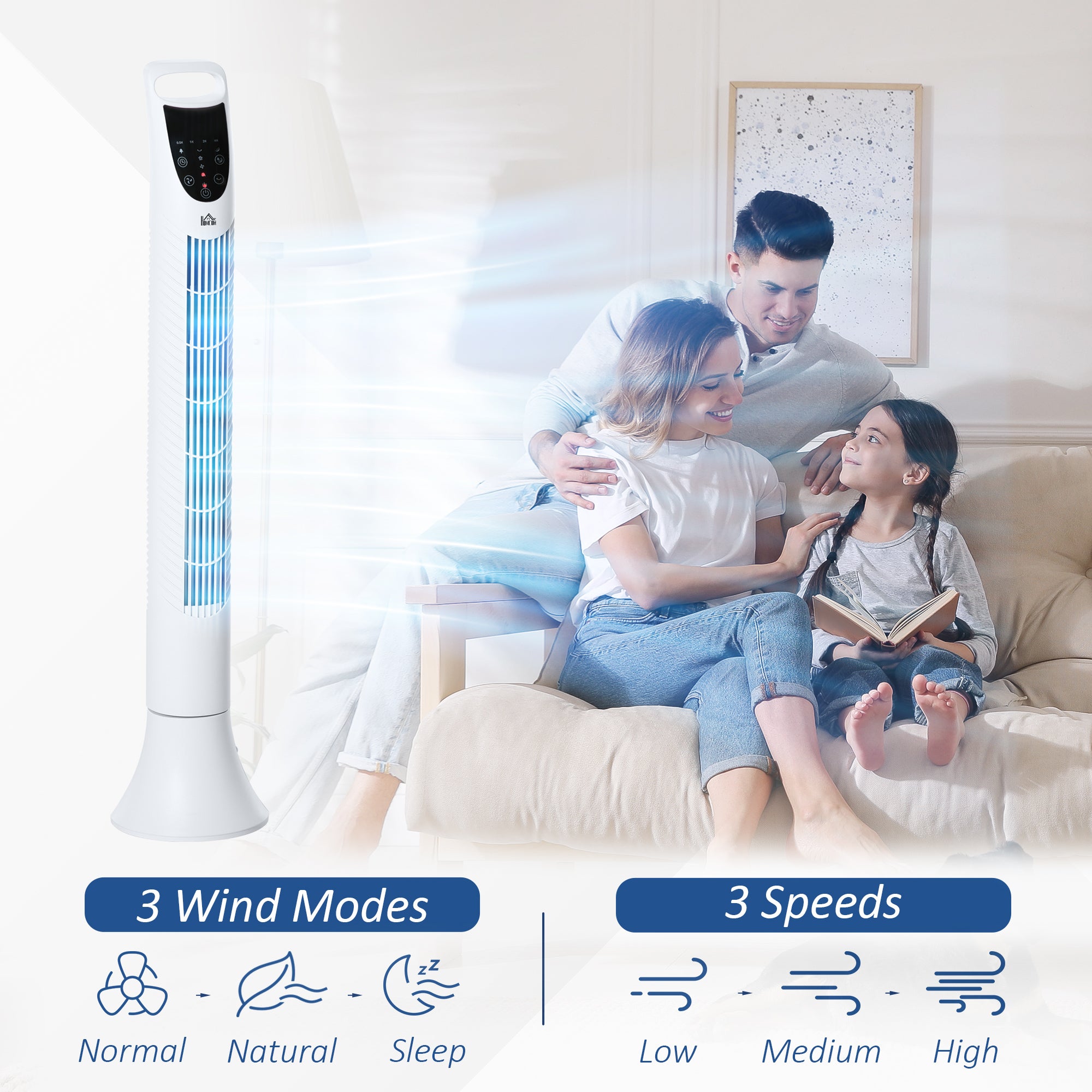HOMCOM 36'' Freestanding Tower Fan, 3 Speed 3 Mode, 7.5h Timer, 70 Degree Oscillation, LED Panel, 5M Remote Controller, White 