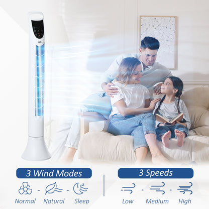 HOMCOM 36'' Freestanding Tower Fan, 3 Speed 3 Mode, 7.5h Timer, 70 Degree Oscillation, LED Panel, 5M Remote Controller, White 