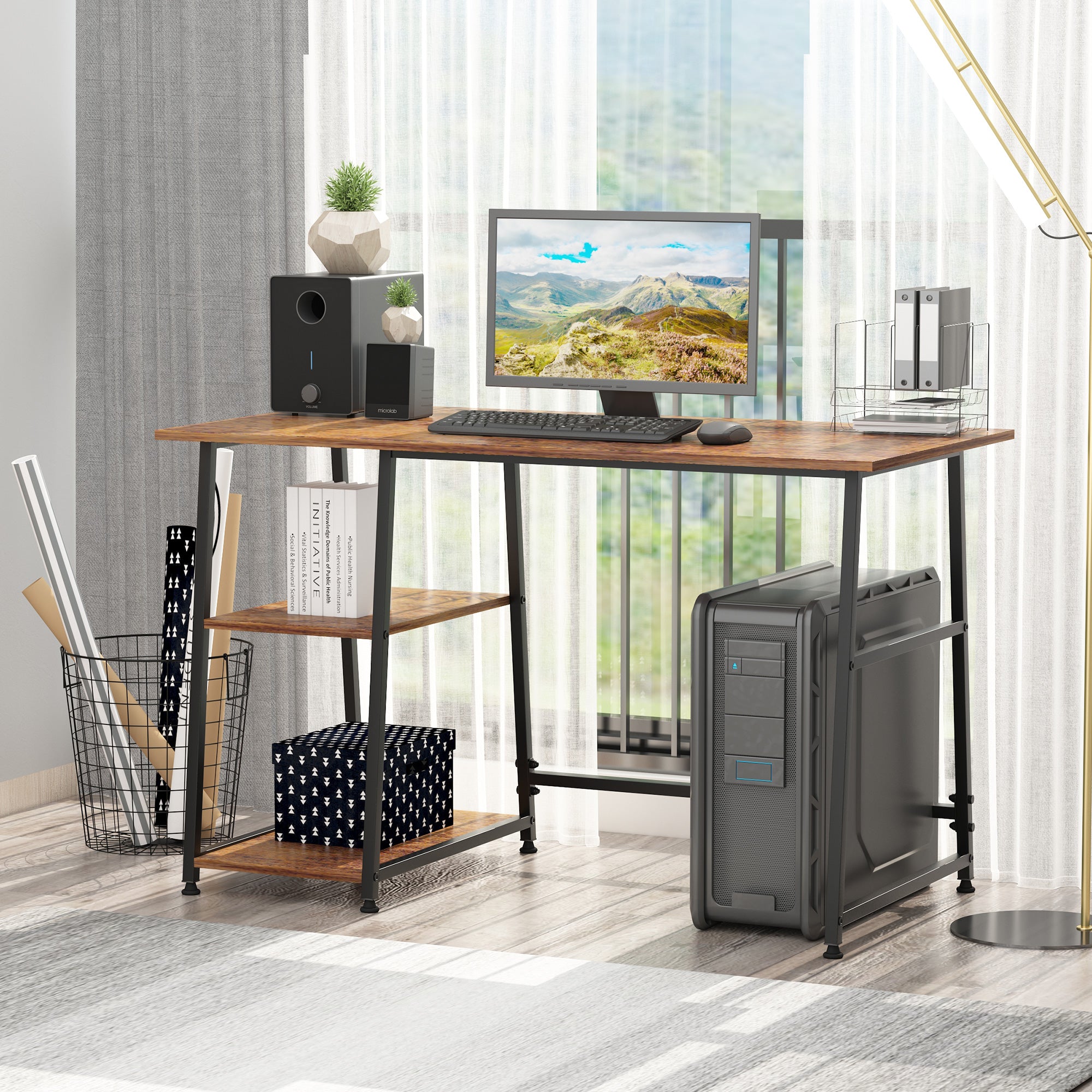 HOMCOM Computer Desk with Storage, Industrial Home Office Desk with 2 Tier Shelves and Steel Frame, Work Desk for Study Room, Black and Rustic Brown 