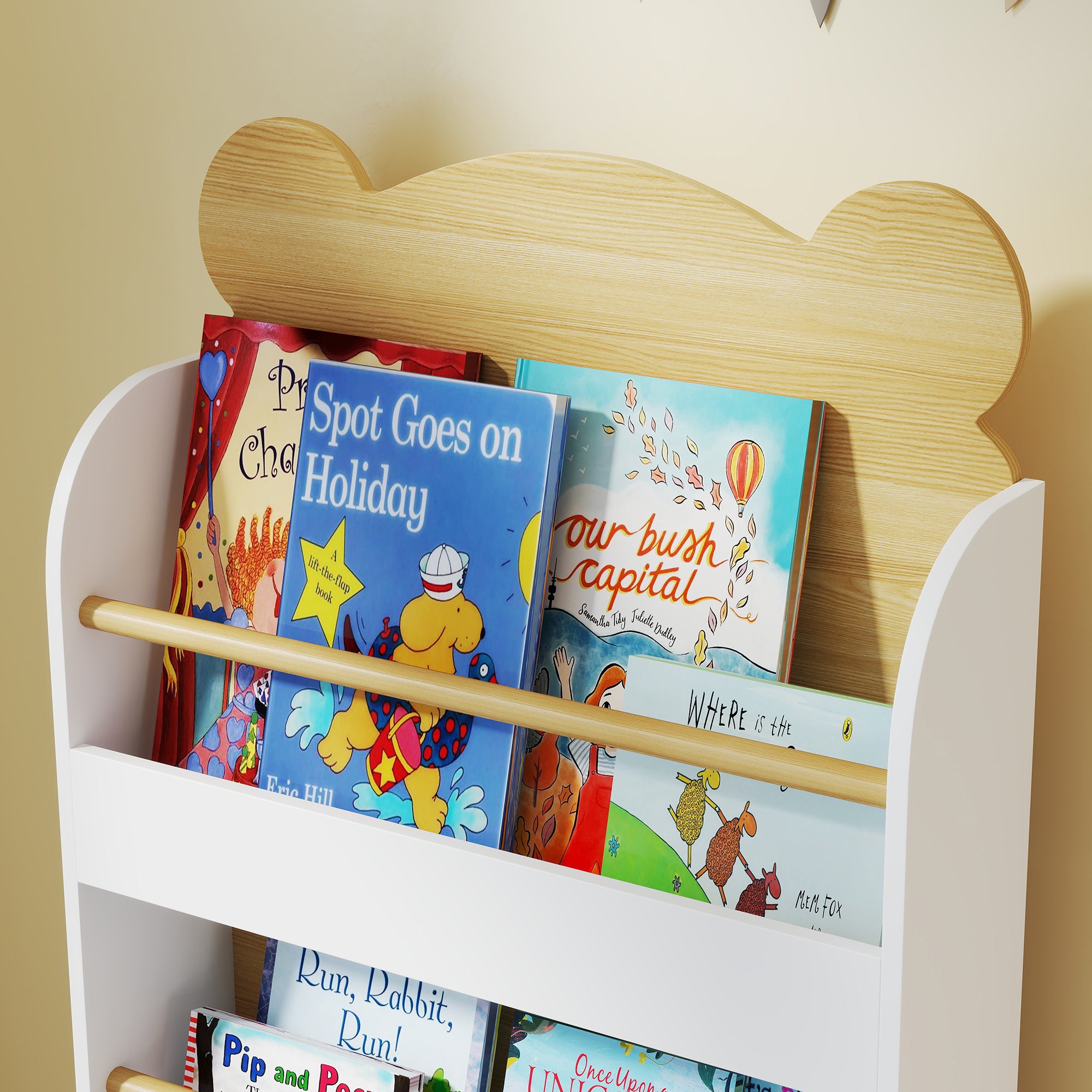 AIYAPLAY Kids Bookshelf, 3 Tier Children Bookcase, Bear Theme Toddler Space-Saving Bookcase for Living Room, White 
