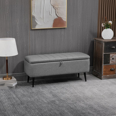 HOMCOM Storage Ottoman with Flip Top, Rectangular Upholstered Bench, Linen Fabric Footstool with Steel Legs for Living Room, Bedroom, Grey 