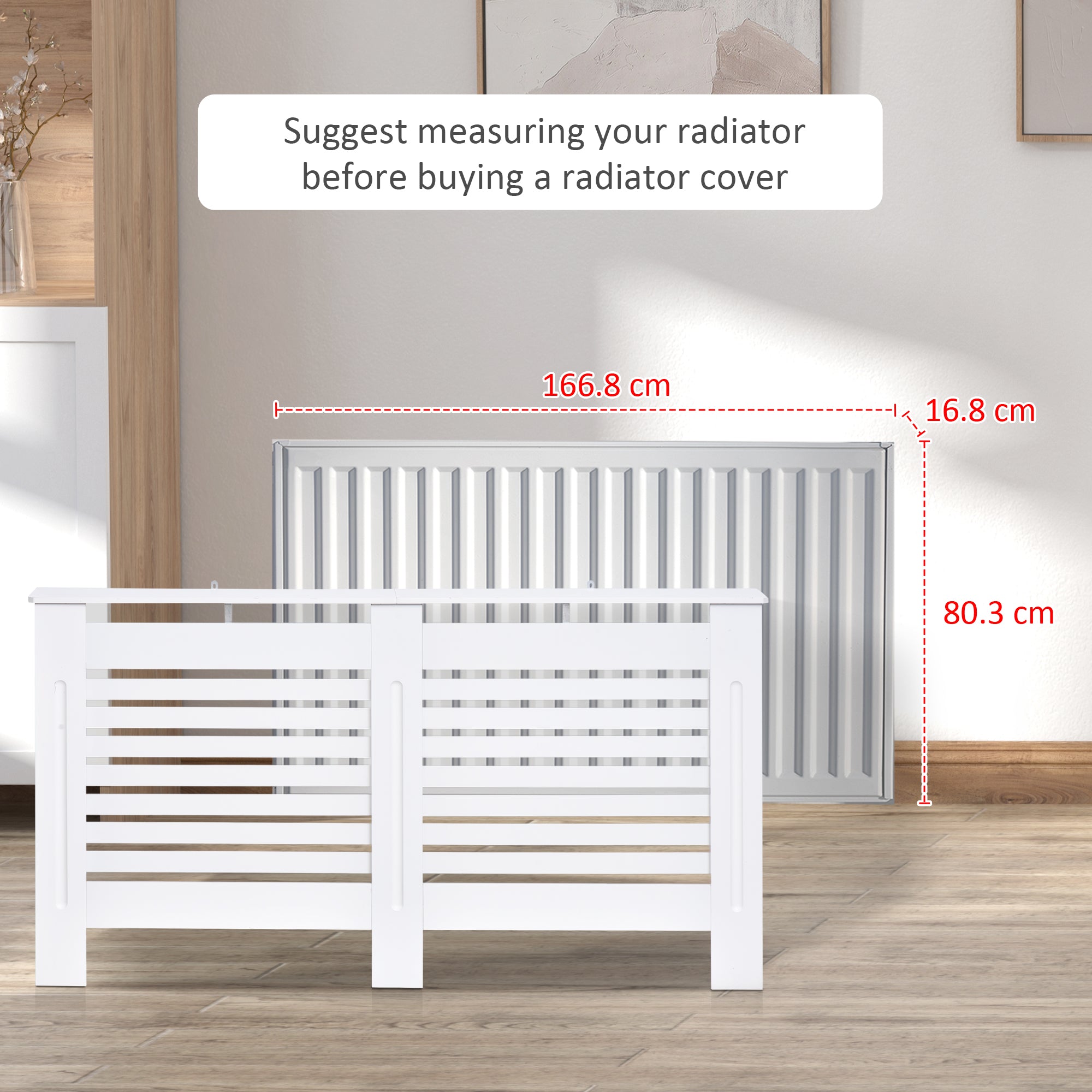 HOMCOM Radiator Cover, Modern MDF White Painted Cabinet with Horizontal Slats for Living Room, Bedroom, 172L x 19W x 81H cm 