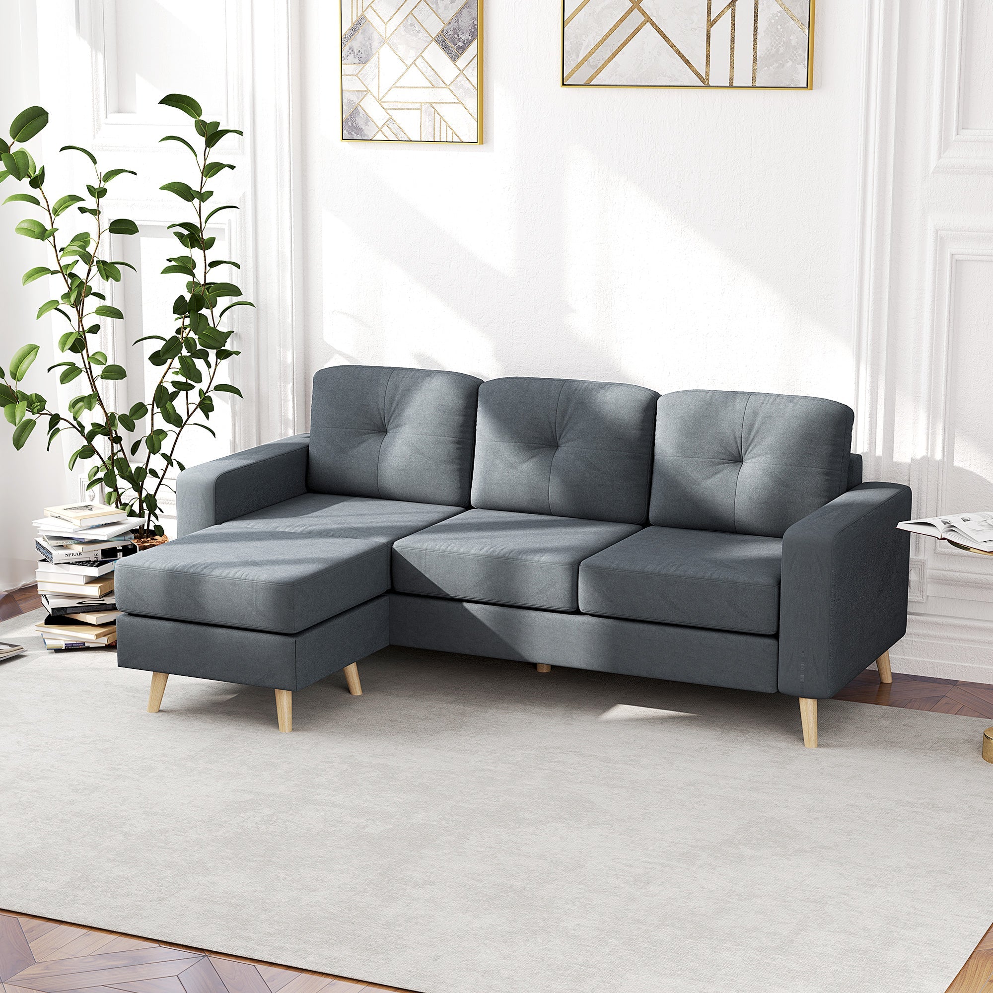 HOMCOM 3 Seater Sofa with Footstool, Fabric L-Shaped Sofa, Sectional Couch with Wood Legs, Tufting Cushioned Back for Small Space, Living Room, Office, Dark Grey 