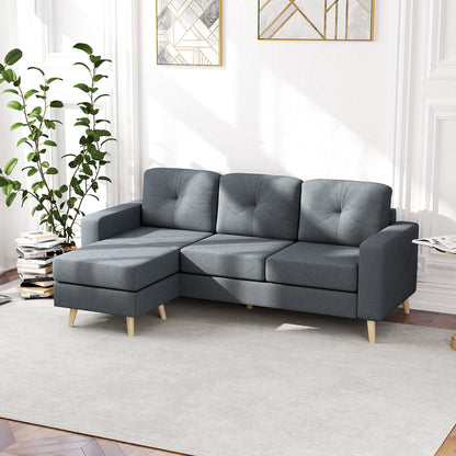 HOMCOM 3 Seater Sofa with Footstool, Fabric L-Shaped Sofa, Sectional Couch with Wood Legs, Tufting Cushioned Back for Small Space, Living Room, Office, Dark Grey 