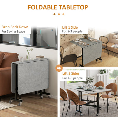 HOMCOM Mobile Drop Leaf Table, Folding Dining Table with 6 Wheels & Brakes, Kitchen Table for Small Spaces, Grey Marble Effect 