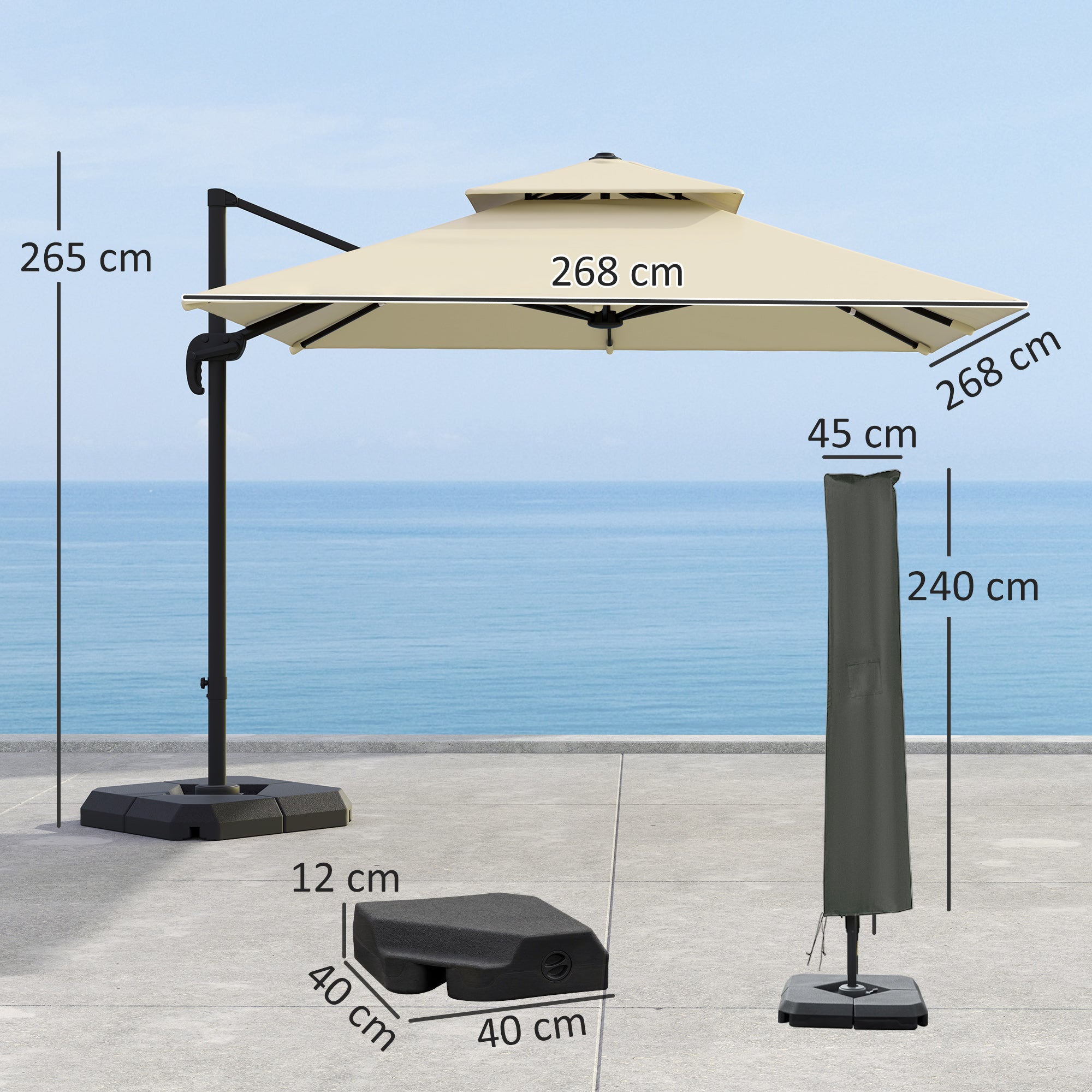 Outsunny 2.7 x 2.7(m) Cantilever Parasol with Aluminium Frame, Crank and Tilt, 360° Rotation, Double Top Garden Umbrella with Base and Cover, Khaki 