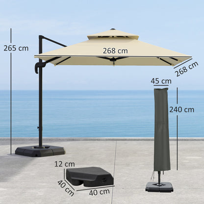 Outsunny 2.7 x 2.7(m) Cantilever Parasol with Aluminium Frame, Crank and Tilt, 360° Rotation, Double Top Garden Umbrella with Base and Cover, Khaki 