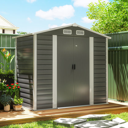 Outsunny 7 x 4ft Garden Shed, Easy to Assemble, Upgraded Galvanised Steel Frame with Foundation Kit, Double Doors with Lock, Outdoor Metal Shed with Vents and Gloves, Garden Storage Shed, Dark Grey 