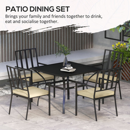 Outsunny 5 Pieces Garden Dining Set with Cushions, Outdoor Patio Table and 4 Stackable Chairs, Metal Top Table with Umbrella Hole, Black 