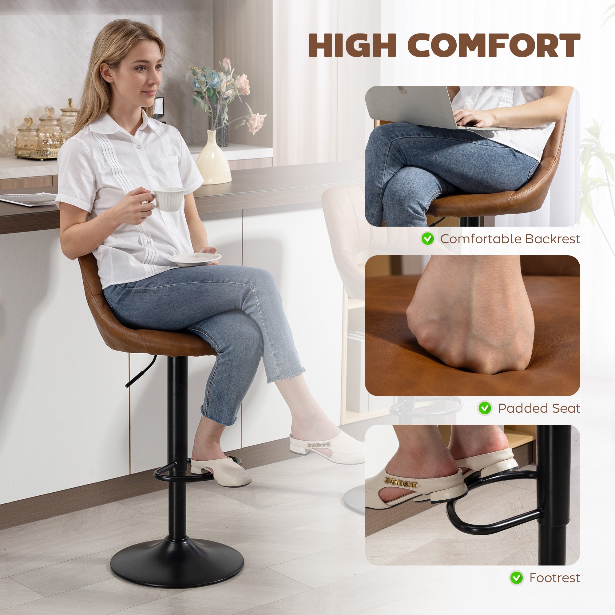 HOMCOM Bar Stools Set of 2, PU Leather Swivel Barstools with Backrest and Footrest for Kitchen, Counter, Breakfast Bar, Brown 