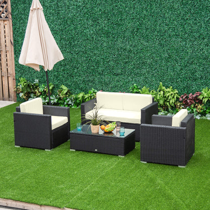 Outsunny 4-Seater Rattan Sofa Set Garden Rattan Furniture Wicker Steel Chair Seat Furniture Patio Rattan Garden Sofa Black 
