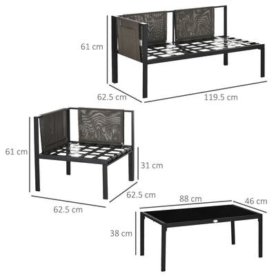 Outsunny 4 Piece Metal Garden Furniture Set with Tempered Glass Coffee Table, Breathable Mesh Pocket, Outdoor Conversational Corner Sofa Loveseat with Padded Cushions, Light Grey 