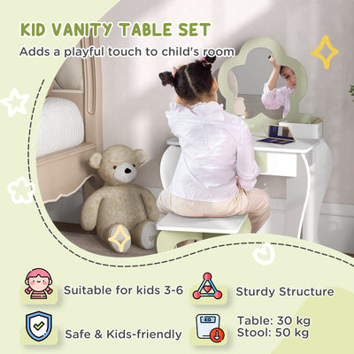 ZONEKIZ Kids Vanity Table with Mirror and Stool, Drawer, Storage Boxes, Flower Design, for Ages 3-6 Years - White 
