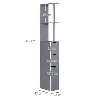 HOMCOM Tall Bathroom Cabinet, Freestanding Bathroom Storage Cabinet with 2-Tier Shelf and Drawers, Narrow Cupboard Storage Unit, Grey 