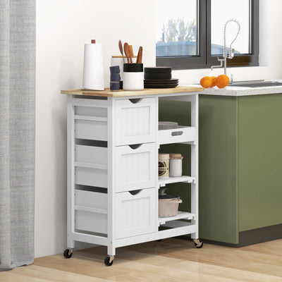 HOMCOM Rolling Kitchen Island Cart, Bar Serving Cart, Compact Trolley on Wheels with Wood Top, Shelves & Drawers for Home Dining Area, White 