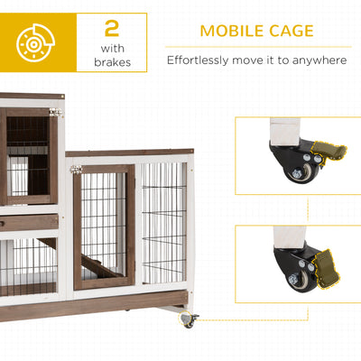 PawHut Two-Tier Rabbit Hutch Pet Cage, with Wheels - Brown 