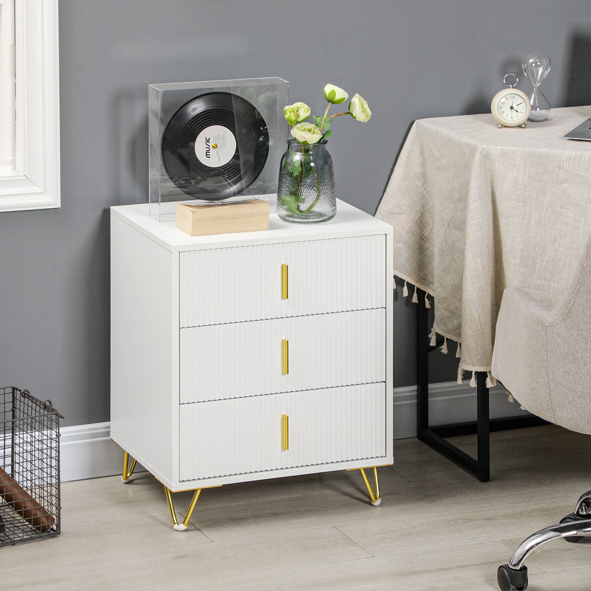 HOMCOM Set of 2 Elegant Chest of Three Drawers - White/Gold-Tone
