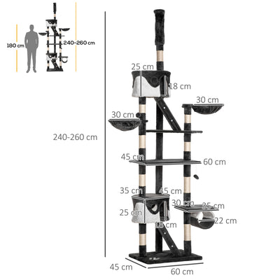 PawHut Floor-to-Ceiling Cat Tree for Indoor Cats, 240-260cm Adjustable Cat Tree - White 
