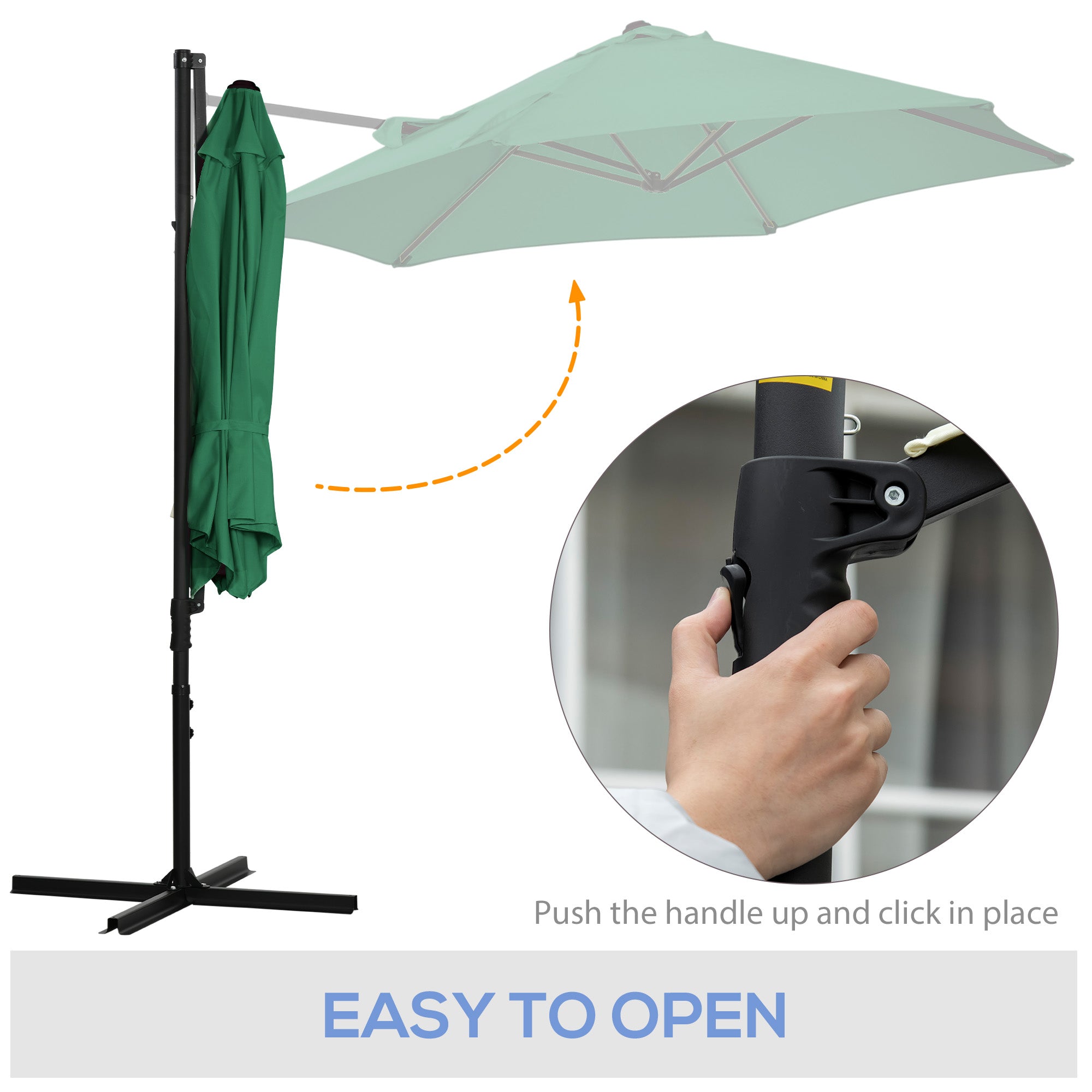 Outsunny 2.5M Garden Cantilever Parasol, Offset Roma Patio Umbrella Hanging Sun Shade Canopy Shelter with 360\'c2\'b0 Rotation and Cross Base, Green